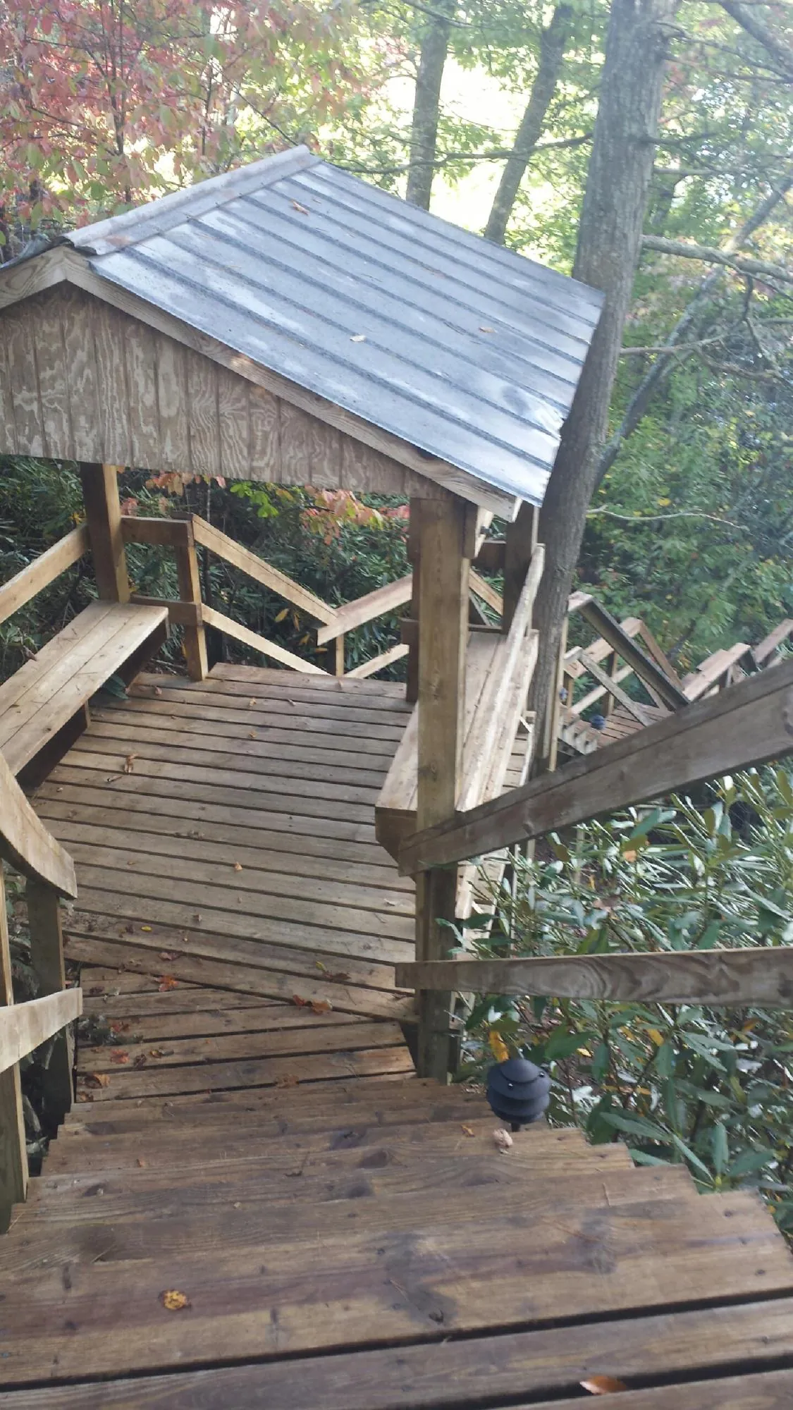 Metal roofed shelter over wooden steps on a wooded walkway — Skylight Repair & Installation work by our crew in Little Orleans